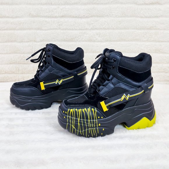 Anthony Wang Dated Black Yellow Hidden Wedge Platform Sneakers Rib Tread Design - Picture 4 of 11